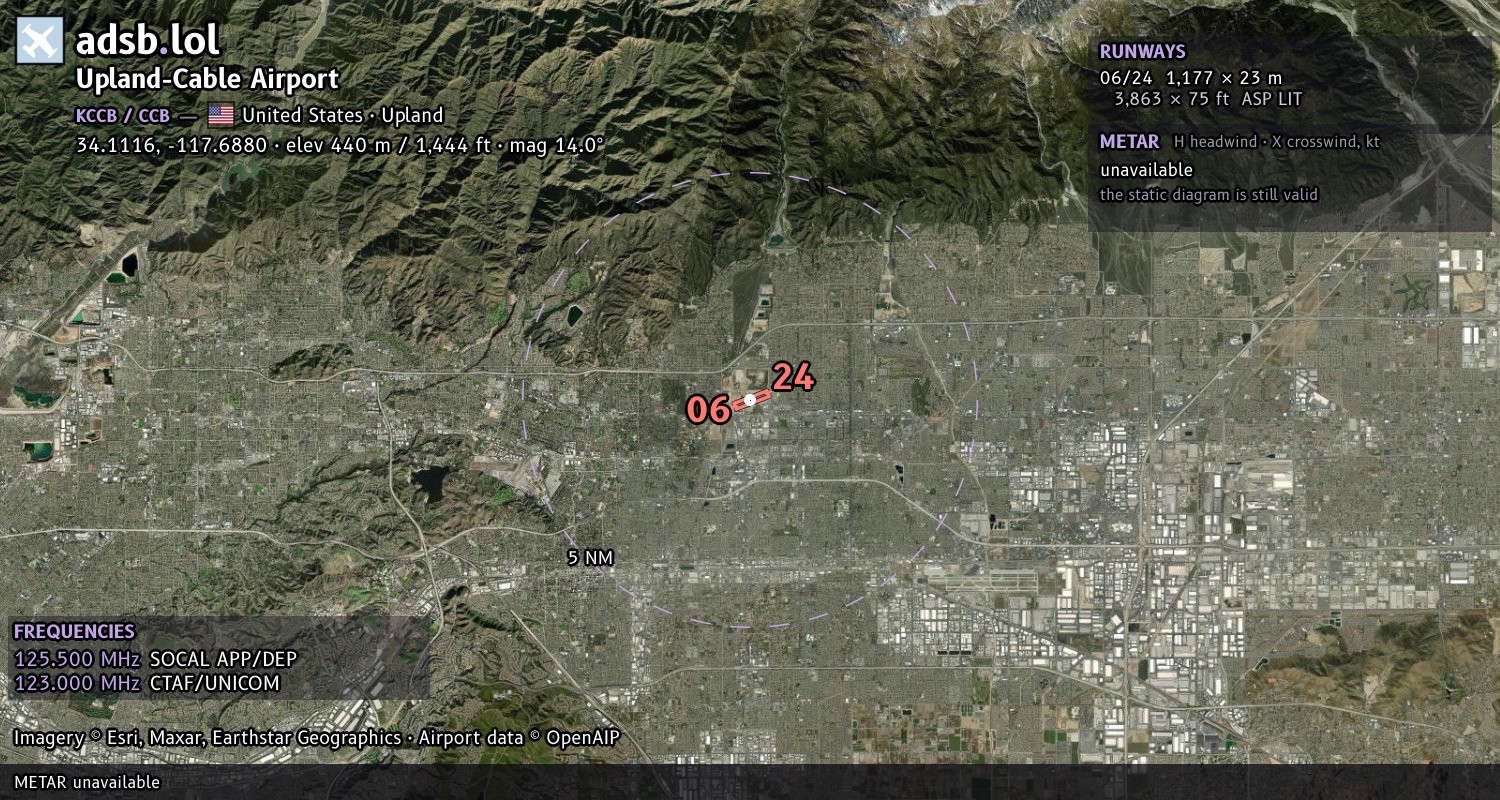 Satellite map with the runway layout of Upland-Cable Airport (KCCB)