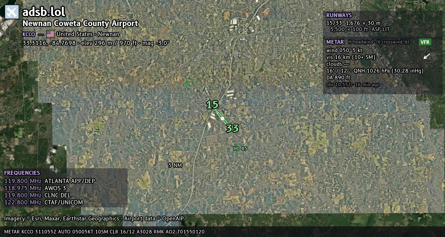 Satellite map with the runway layout of Newnan Coweta County Airport (KCCO)