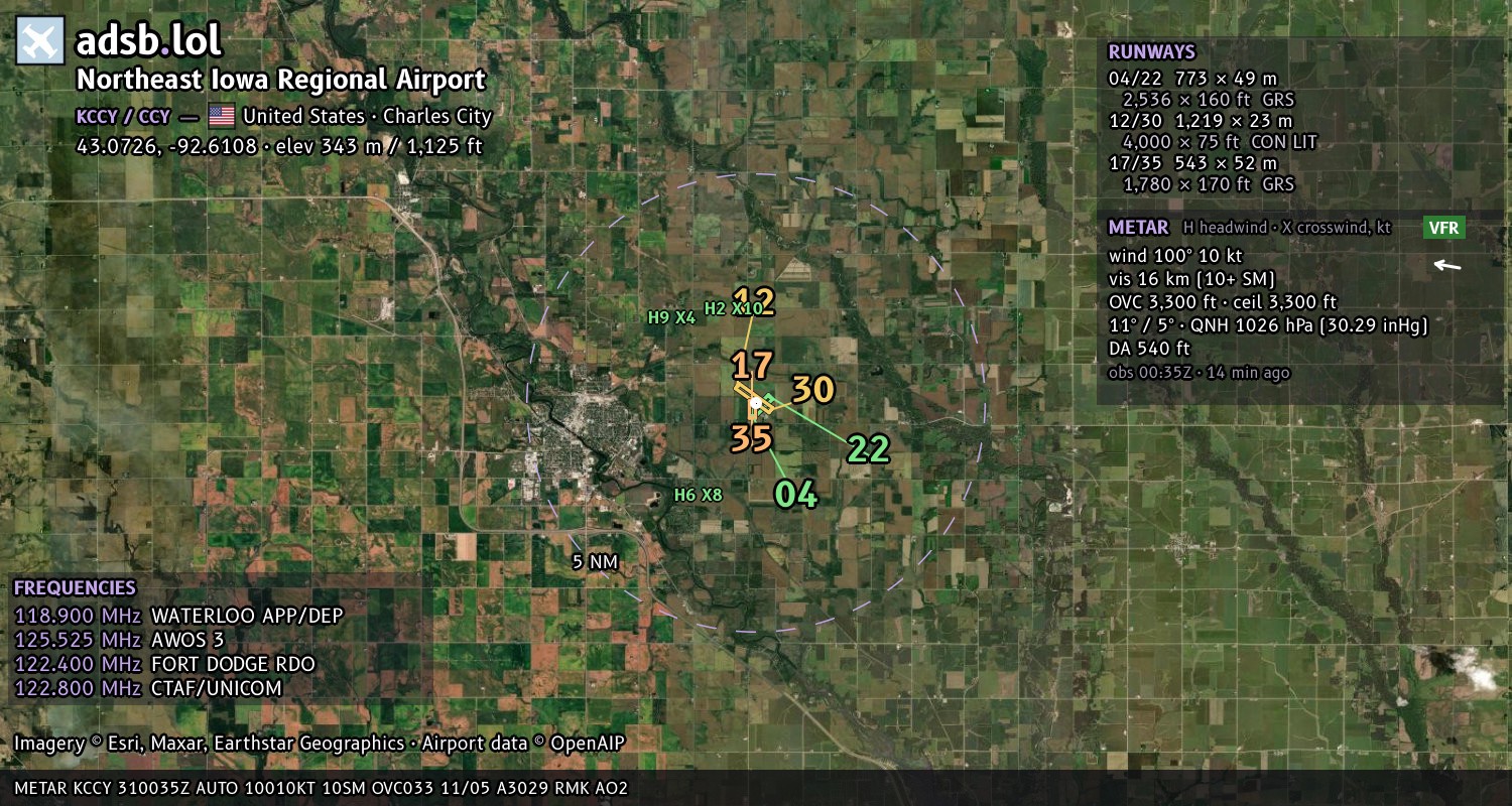 Satellite map with the runway layout of Northeast Iowa Regional Airport (KCCY)