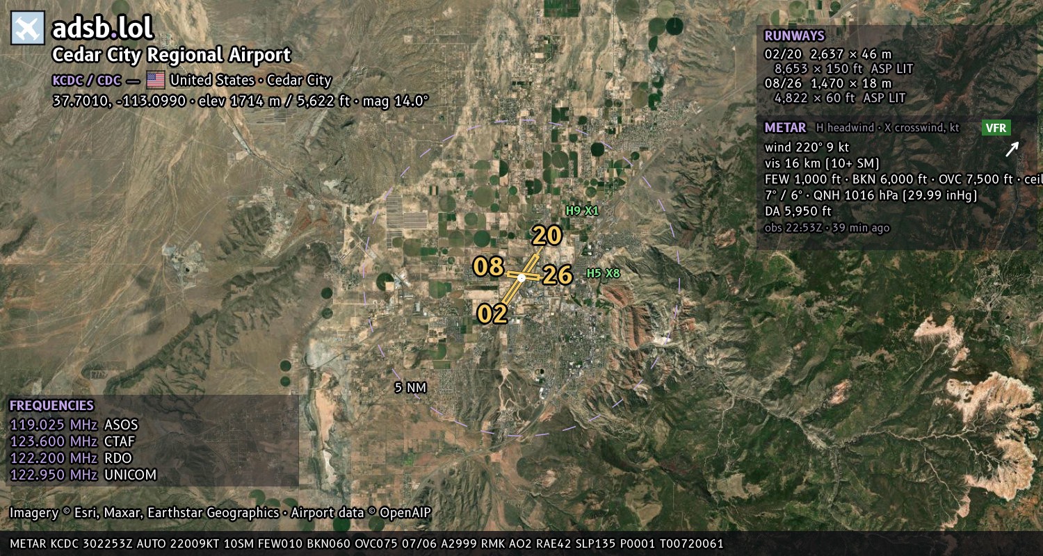 Satellite map with the runway layout of Cedar City Regional Airport (KCDC)