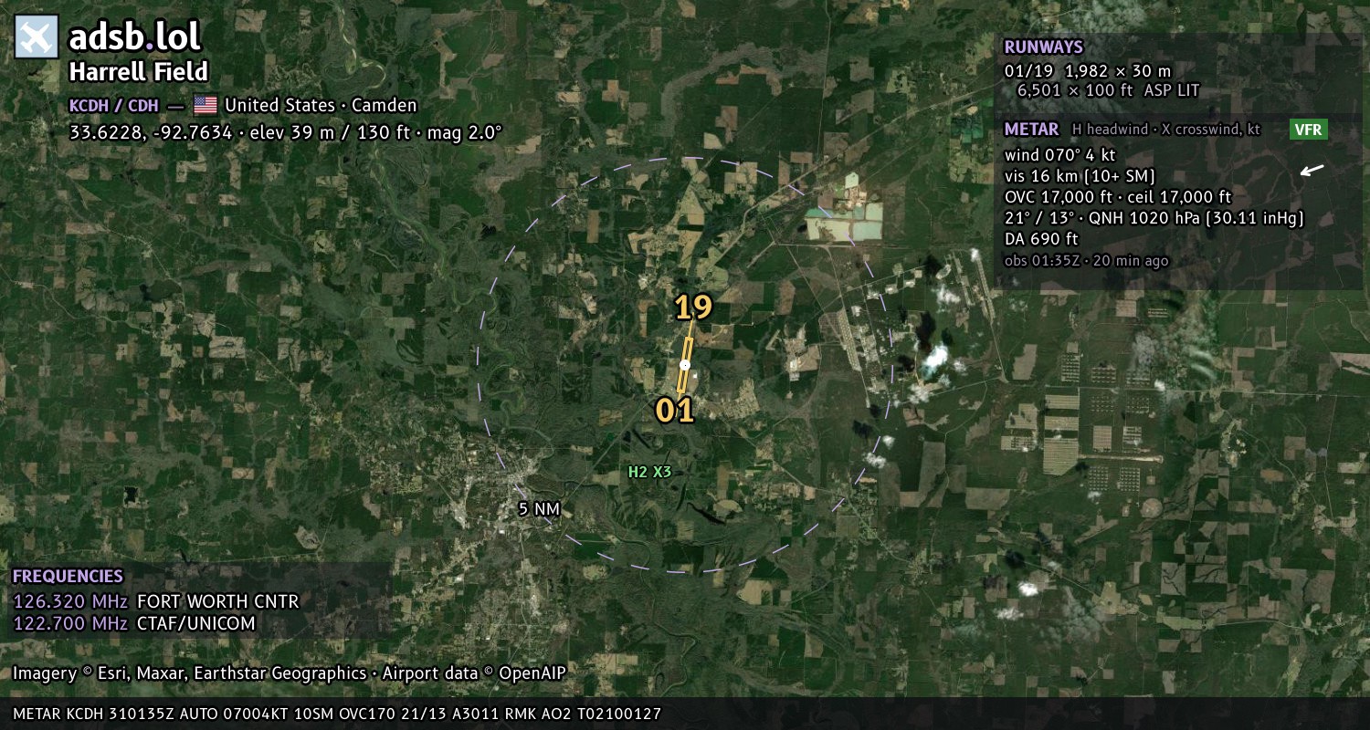 Satellite map with the runway layout of Harrell Field (KCDH)