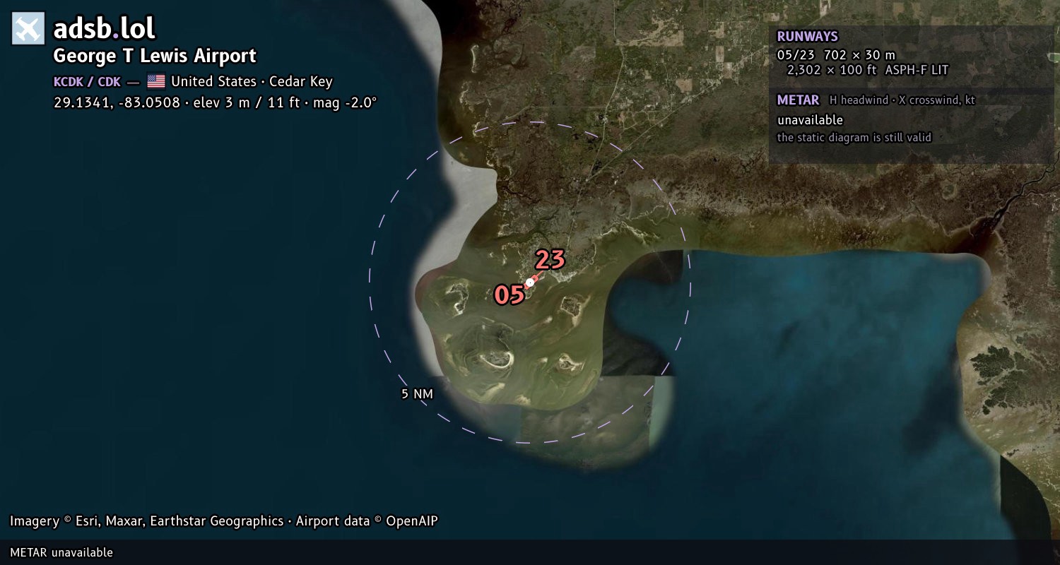 Satellite map with the runway layout of George T Lewis Airport (KCDK)