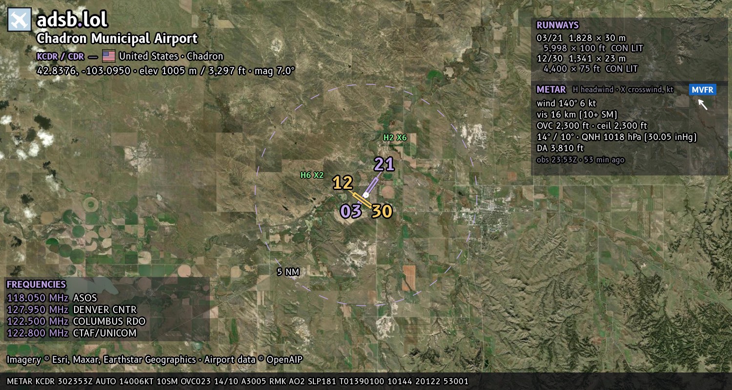 Satellite map with the runway layout of Chadron Municipal Airport (KCDR)