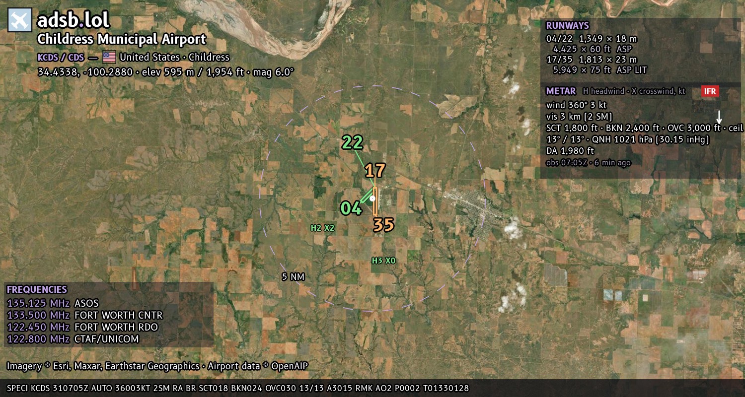 Satellite map with the runway layout of Childress Municipal Airport (KCDS)