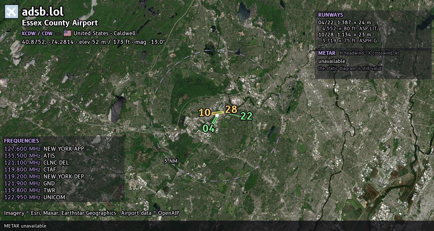 Satellite map with the runway layout of Essex County Airport (KCDW)