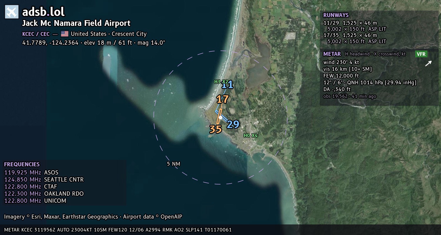 Satellite map with the runway layout of Jack Mc Namara Field Airport (KCEC)