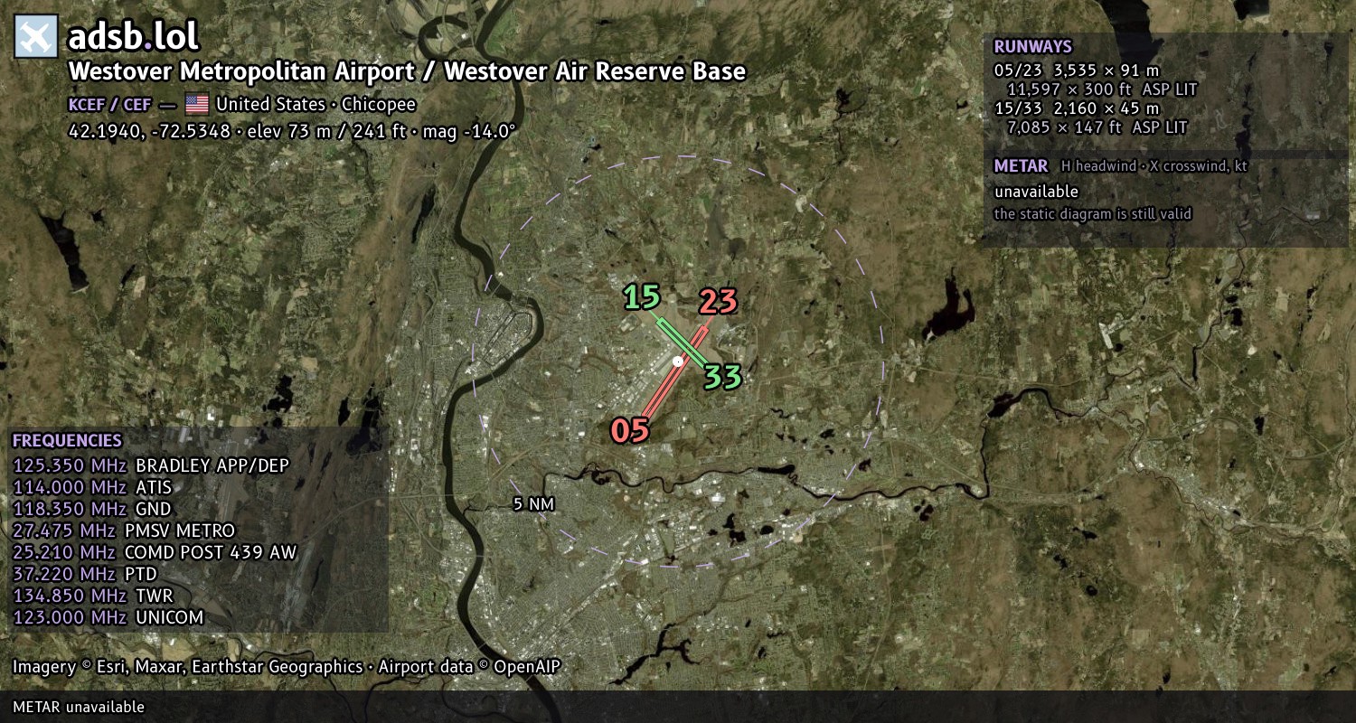 Satellite map with the runway layout of Westover Metropolitan Airport / Westover Air Reserve Base (KCEF)