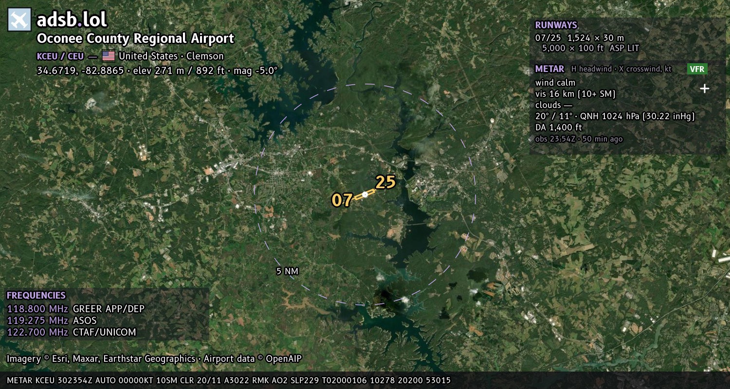 Satellite map with the runway layout of Oconee County Regional Airport (KCEU)