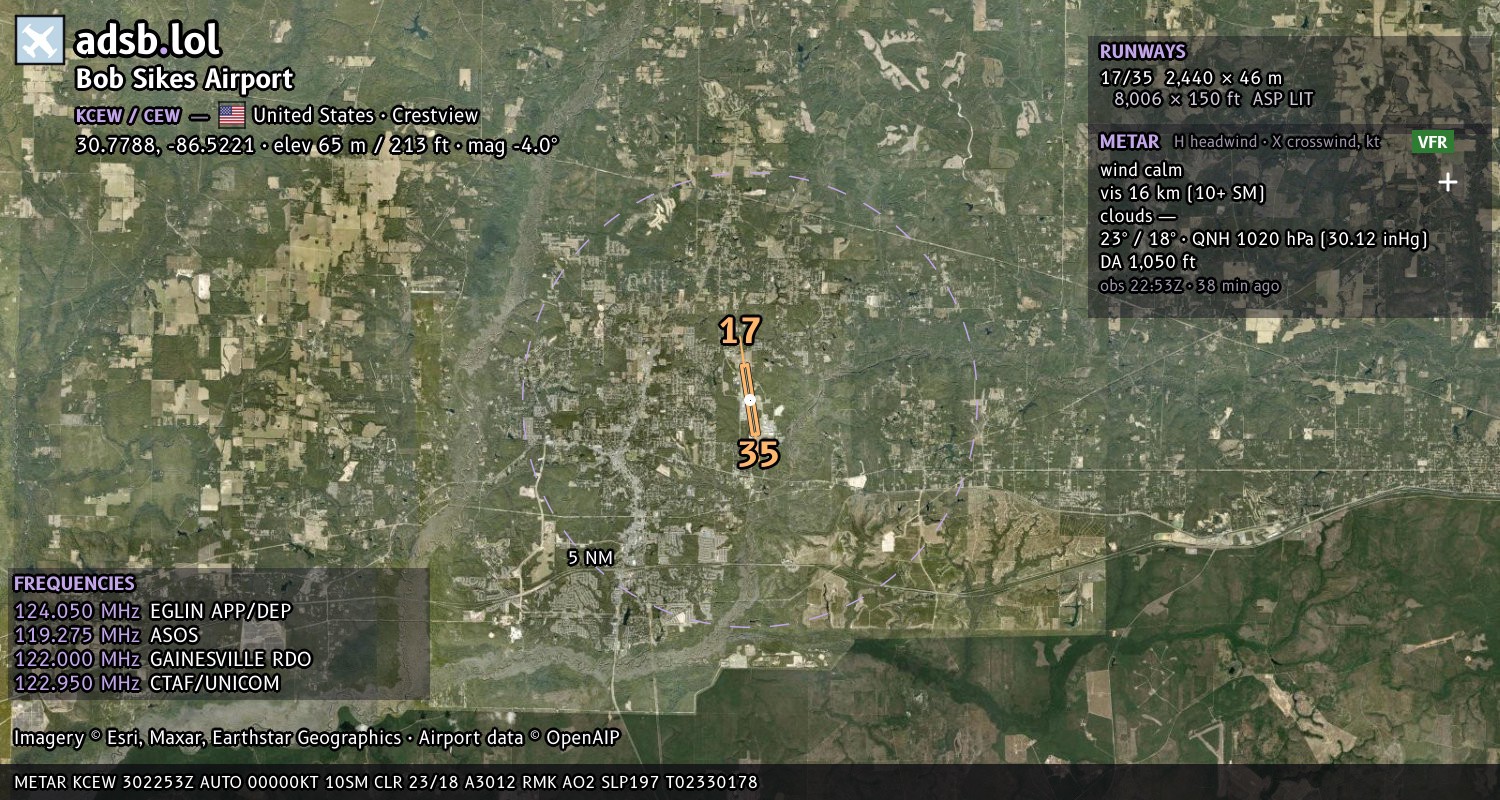 Satellite map with the runway layout of Bob Sikes Airport (KCEW)