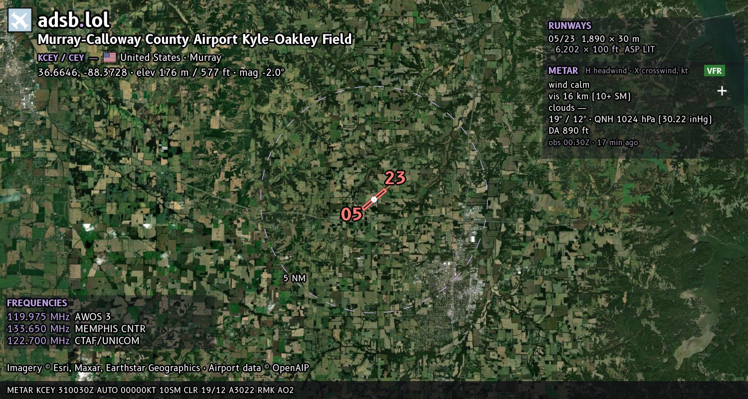 Satellite map with the runway layout of Murray-Calloway County Airport Kyle-Oakley Field (KCEY)