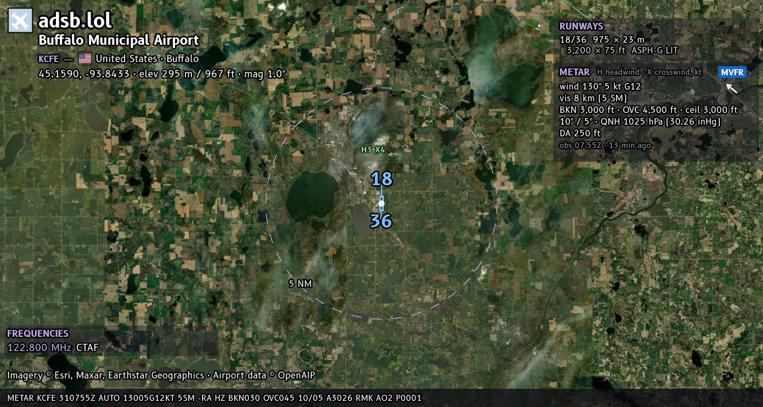 Satellite map with the runway layout of Buffalo Municipal Airport (KCFE)