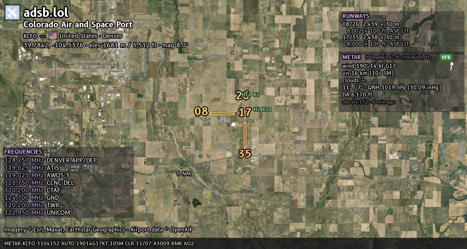 Satellite map with the runway layout of Colorado Air and Space Port (KCFO)