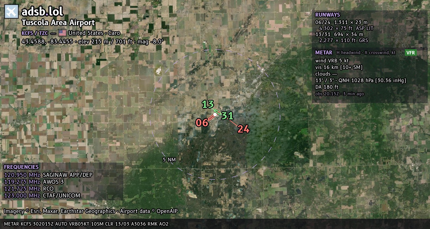 Satellite map with the runway layout of Tuscola Area Airport (KCFS)