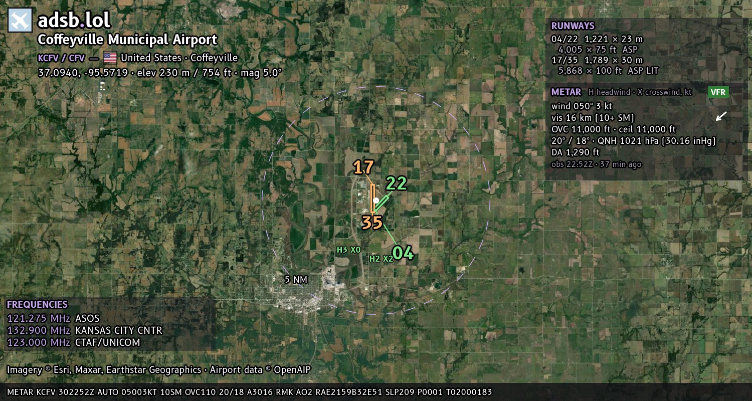 Satellite map with the runway layout of Coffeyville Municipal Airport (KCFV)