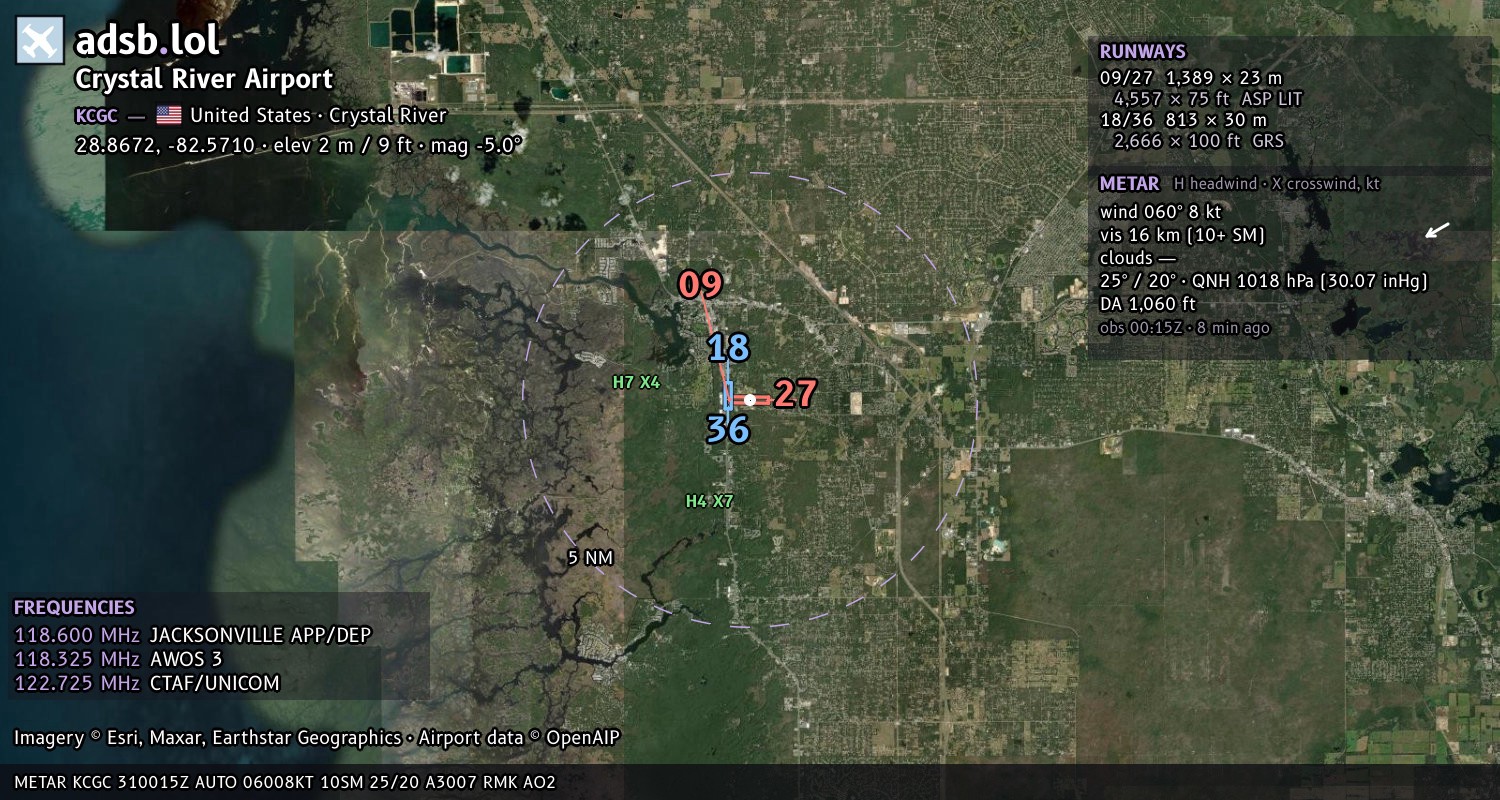 Satellite map with the runway layout of Crystal River Airport (KCGC)