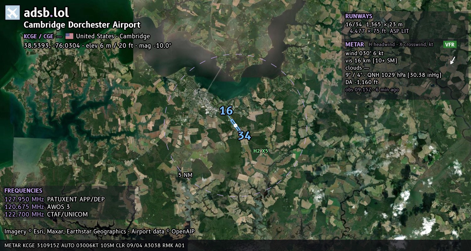 Satellite map with the runway layout of Cambridge Dorchester Airport (KCGE)