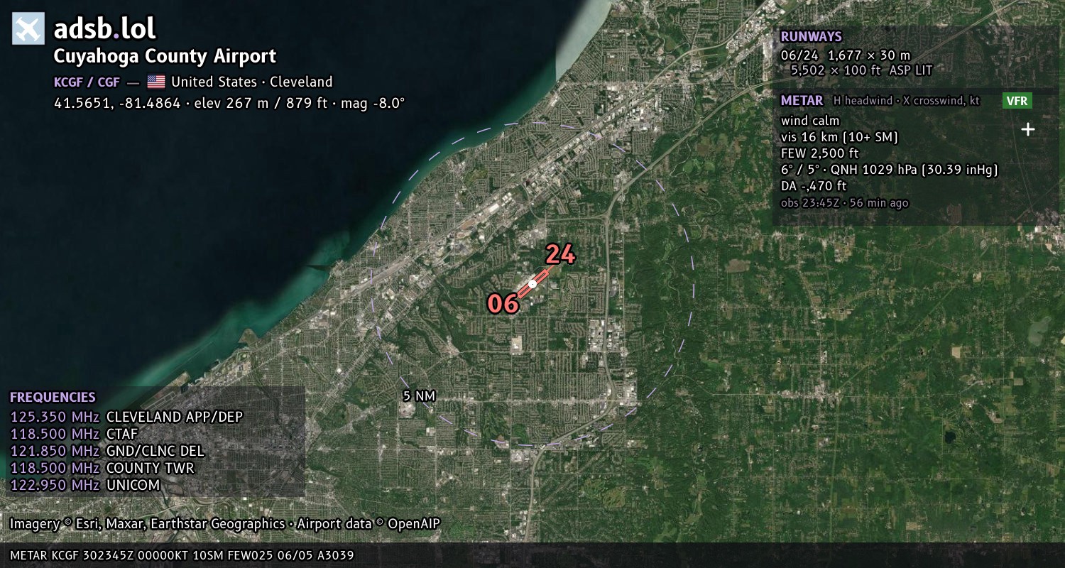 Satellite map with the runway layout of Cuyahoga County Airport (KCGF)
