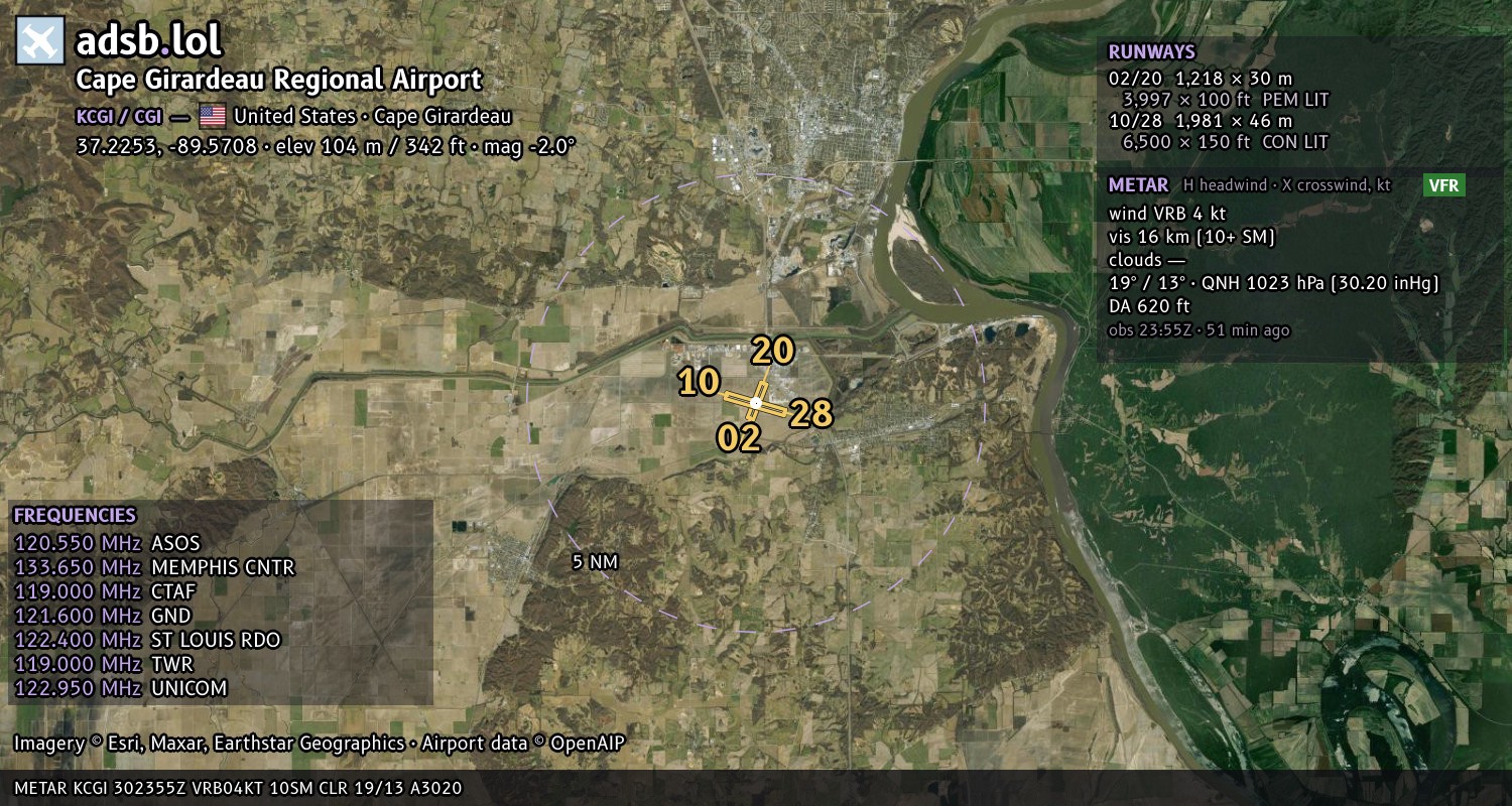 Satellite map with the runway layout of Cape Girardeau Regional Airport (KCGI)