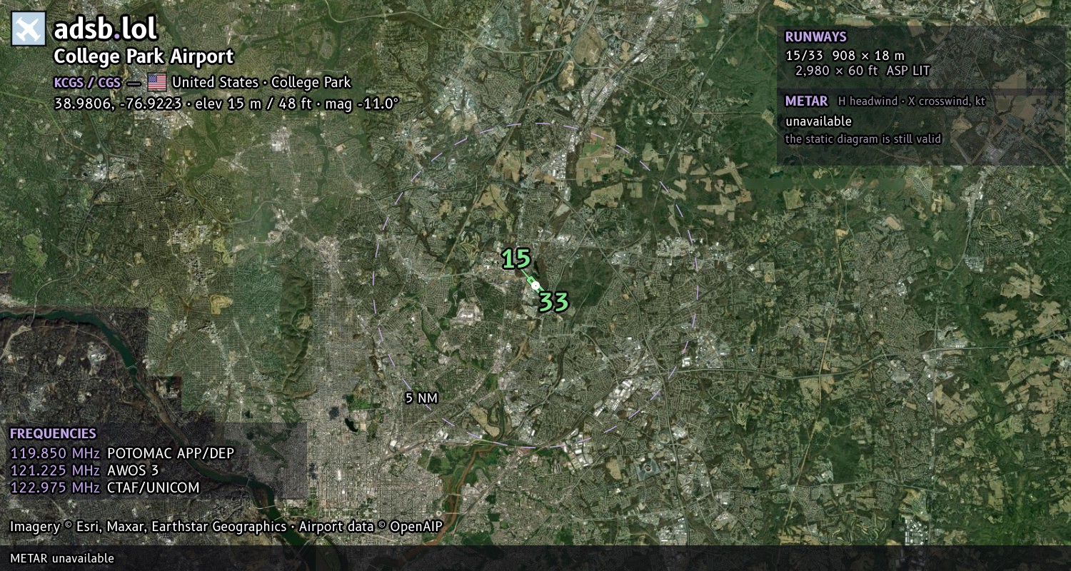 Satellite map with the runway layout of College Park Airport (KCGS)