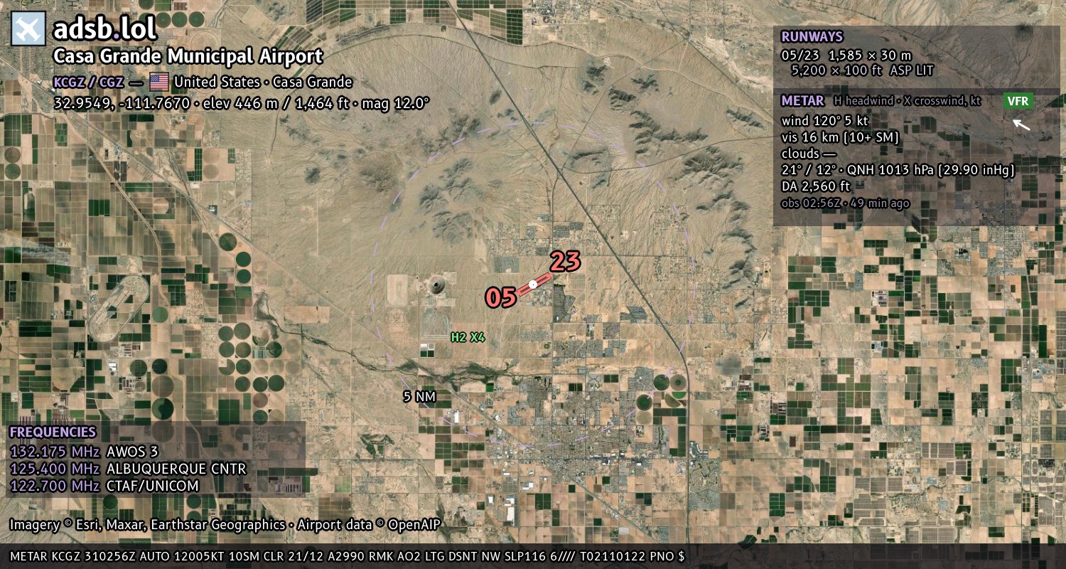 Satellite map with the runway layout of Casa Grande Municipal Airport (KCGZ)