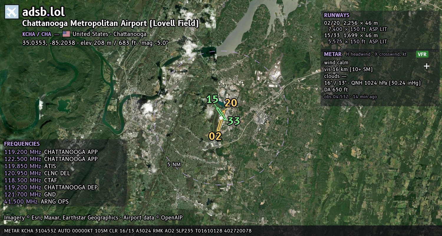 Satellite map with the runway layout of Chattanooga Metropolitan Airport (Lovell Field) (KCHA)