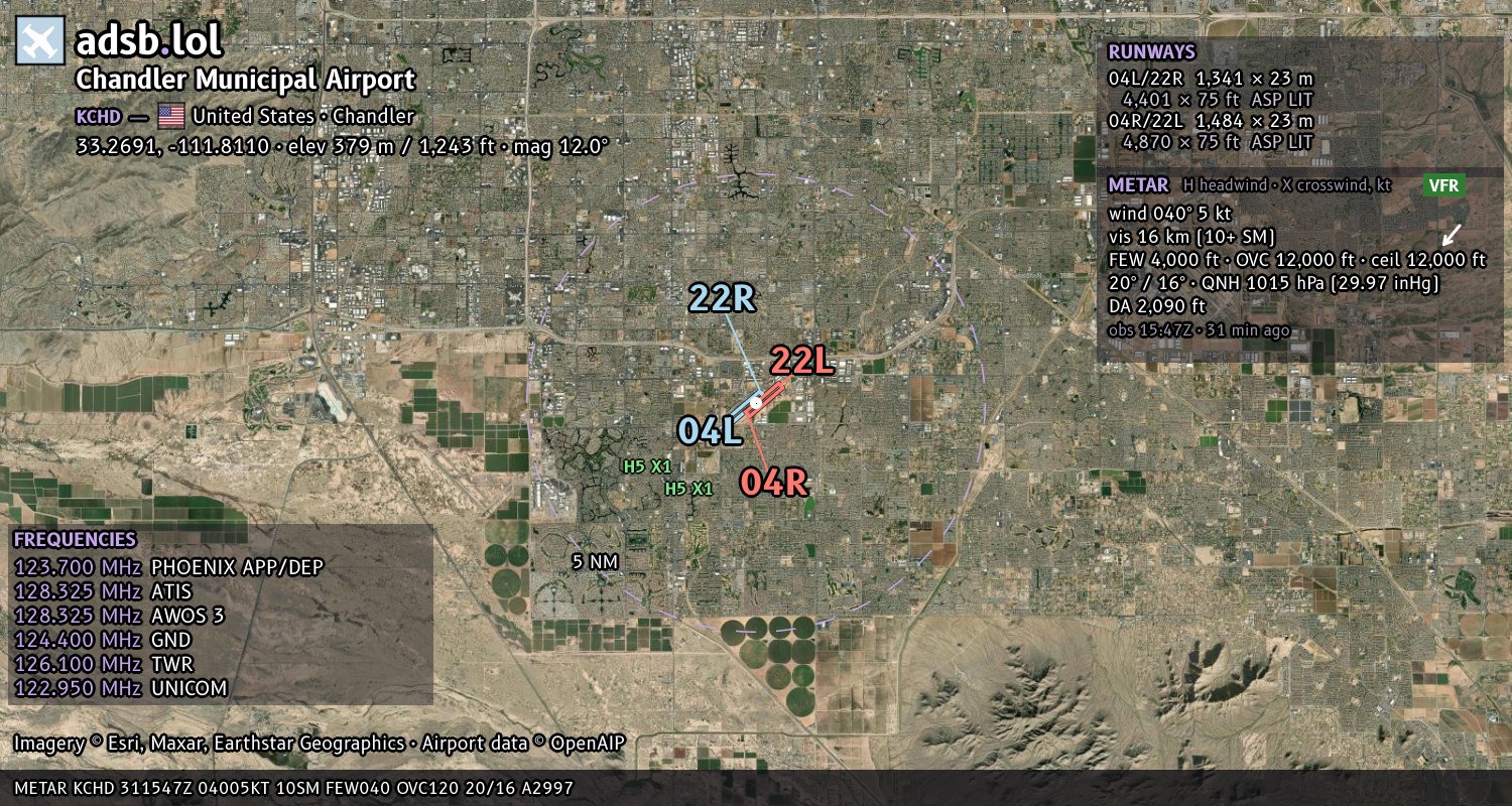 Satellite map with the runway layout of Chandler Municipal Airport (KCHD)