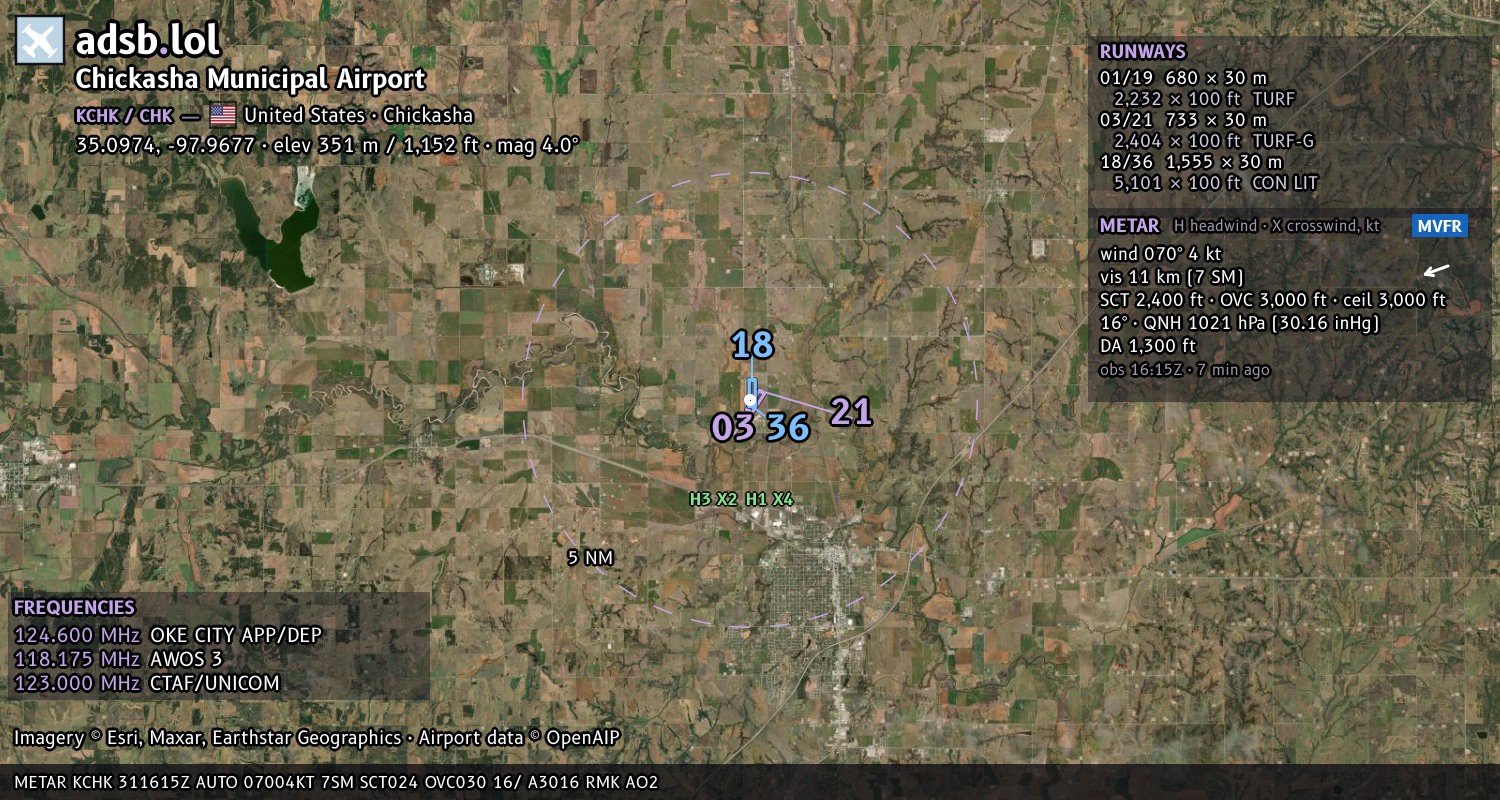 Satellite map with the runway layout of Chickasha Municipal Airport (KCHK)