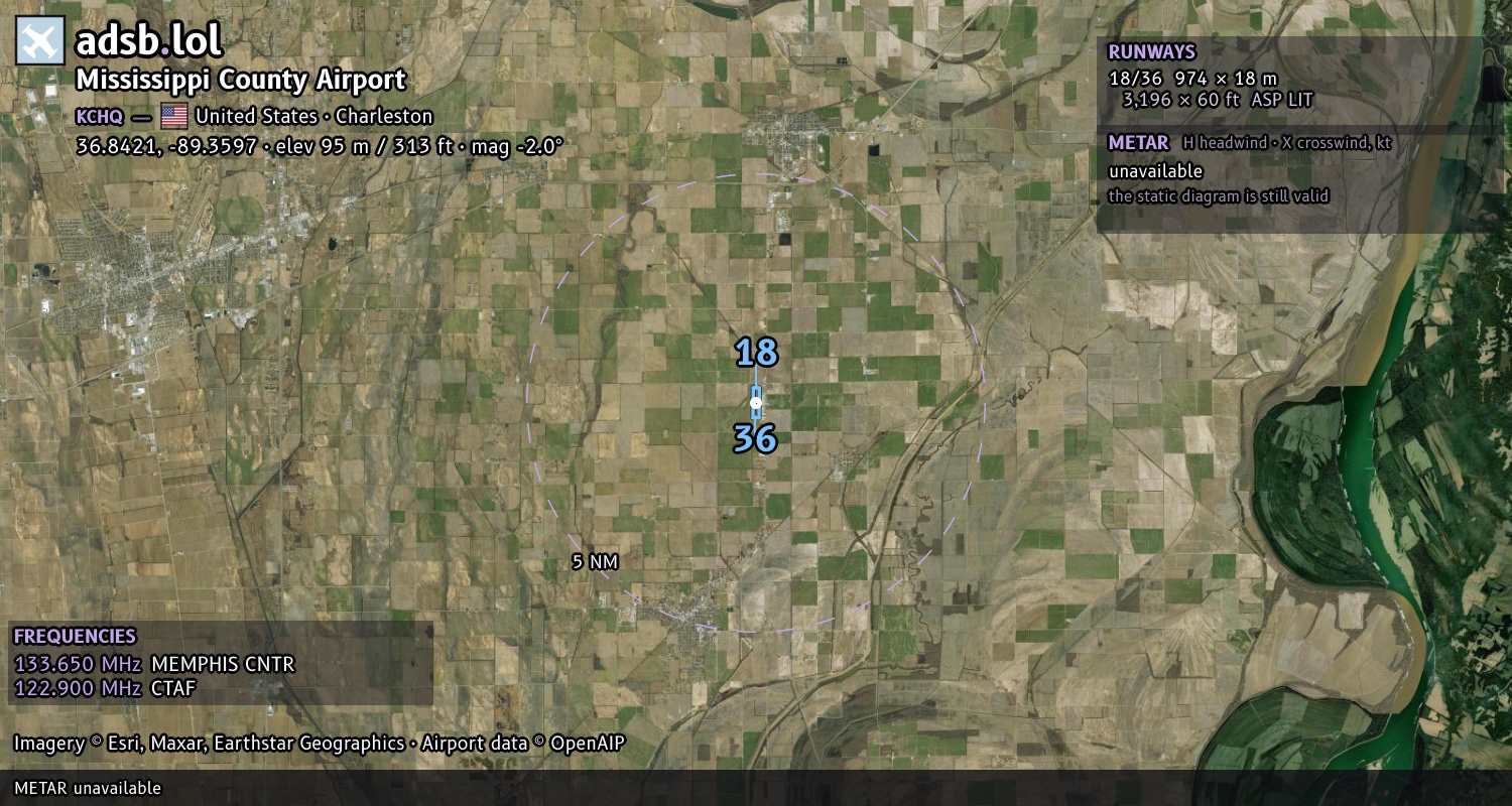 Satellite map with the runway layout of Mississippi County Airport (KCHQ)
