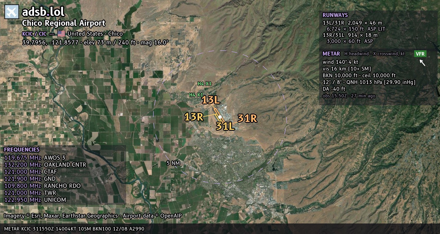 Satellite map with the runway layout of Chico Regional Airport (KCIC)