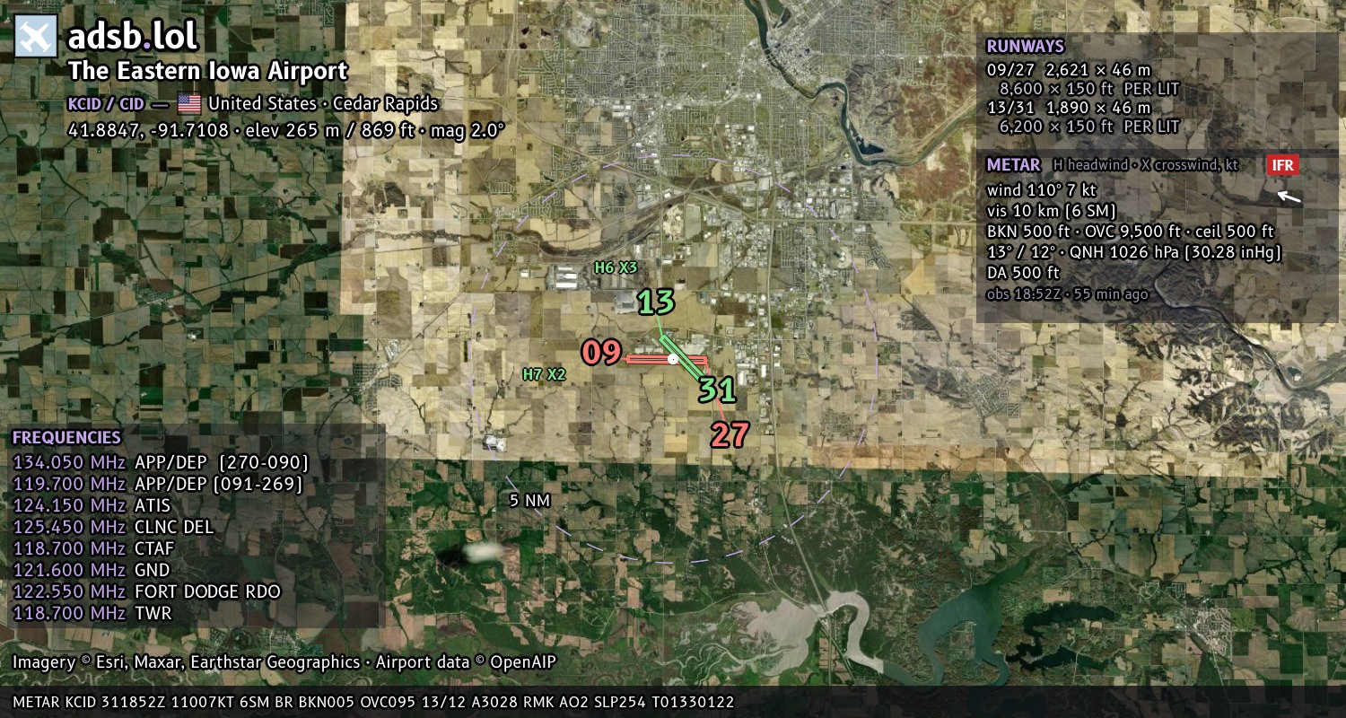 Satellite map with the runway layout of The Eastern Iowa Airport (KCID)