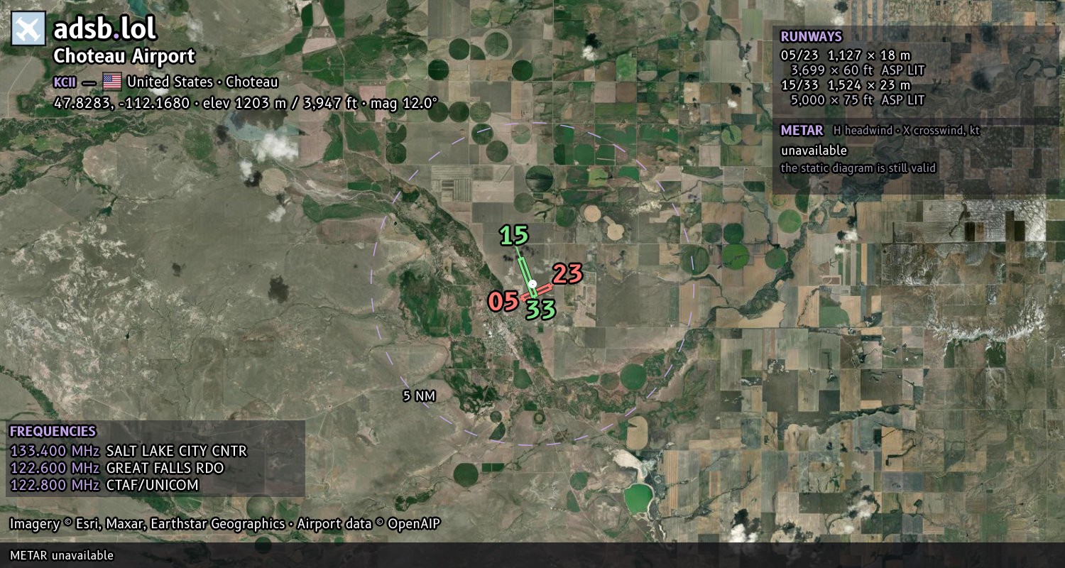 Satellite map with the runway layout of Choteau Airport (KCII)