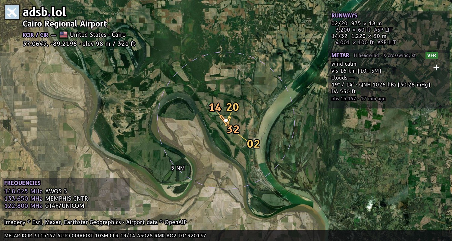 Satellite map with the runway layout of Cairo Regional Airport (KCIR)