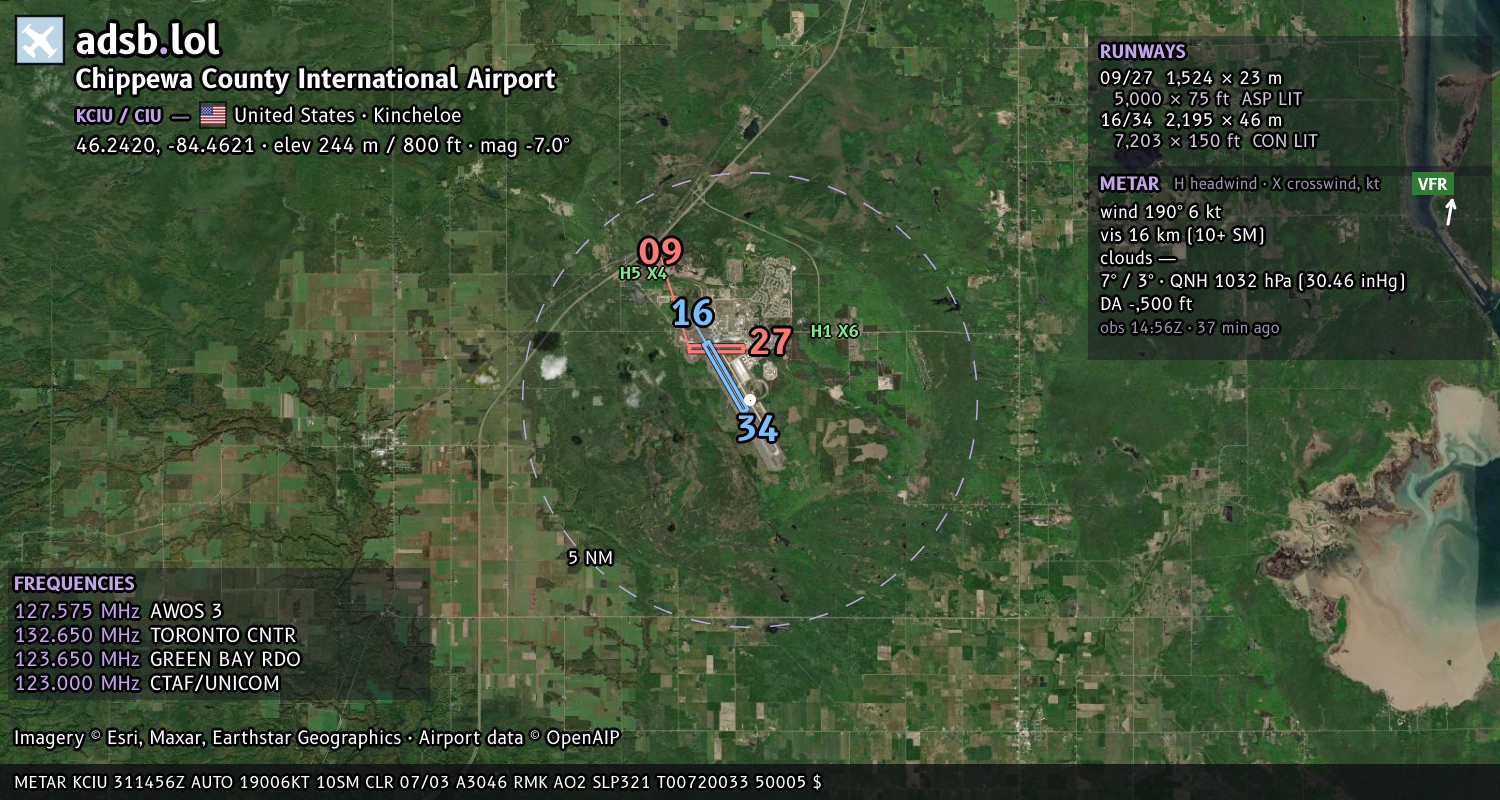 Satellite map with the runway layout of Chippewa County International Airport (KCIU)