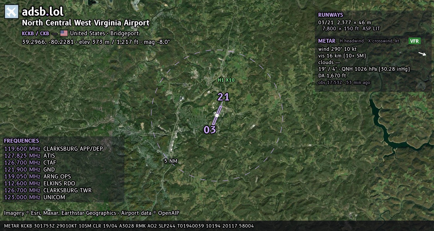 Satellite map with the runway layout of North Central West Virginia Airport (KCKB)