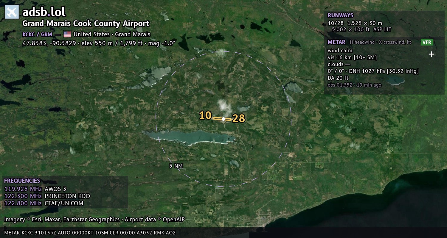 Satellite map with the runway layout of Grand Marais Cook County Airport (KCKC)