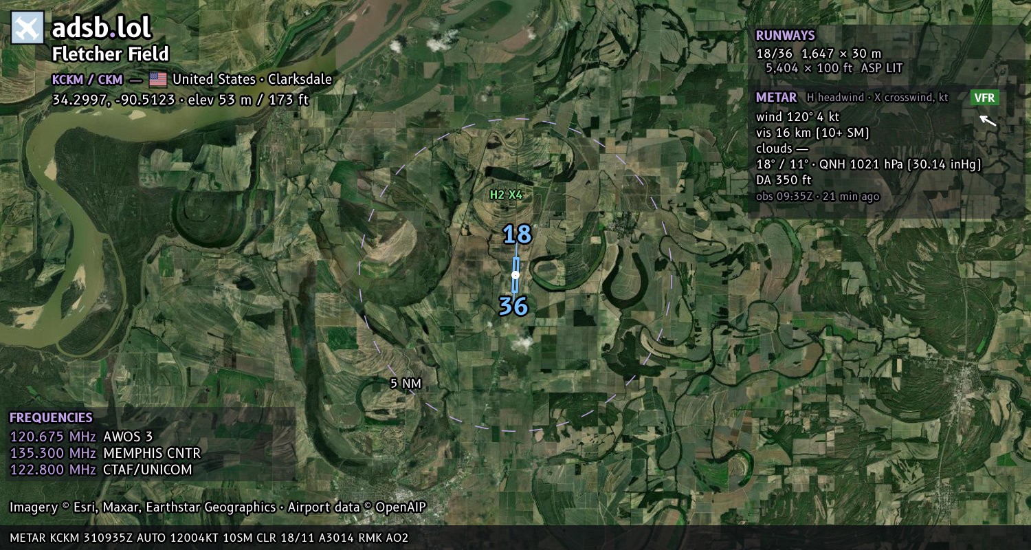 Satellite map with the runway layout of Fletcher Field (KCKM)
