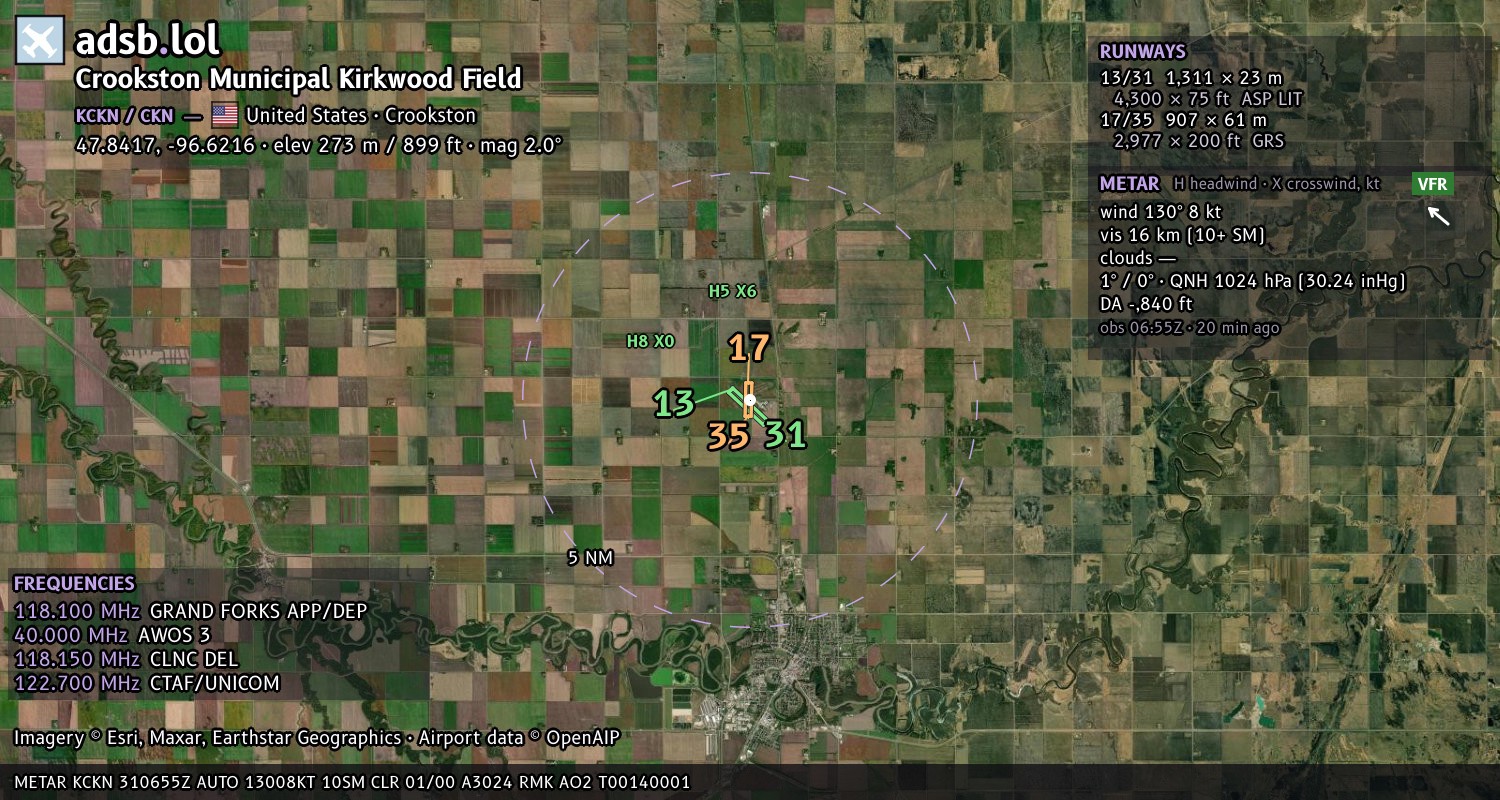 Satellite map with the runway layout of Crookston Municipal Kirkwood Field (KCKN)