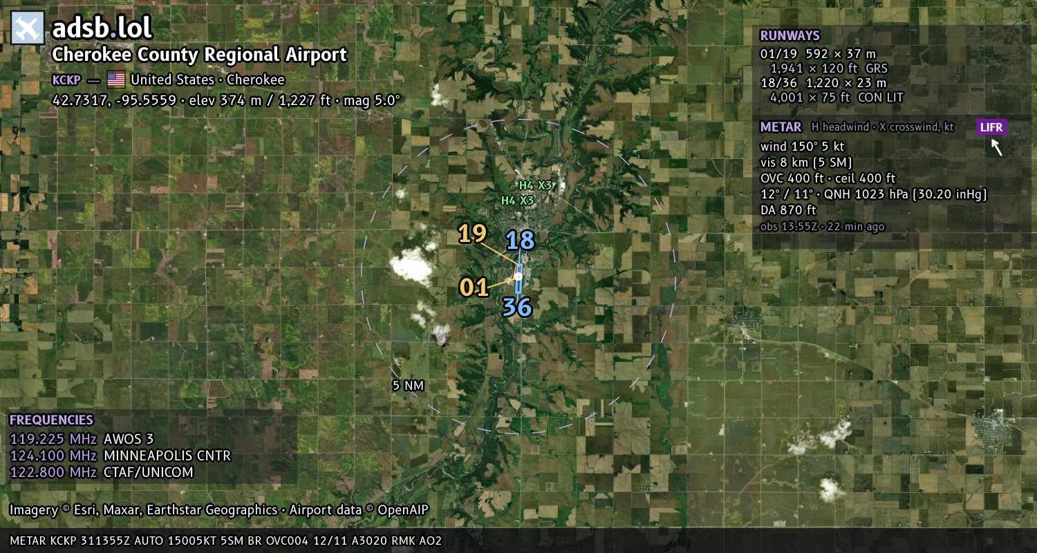 Satellite map with the runway layout of Cherokee County Regional Airport (KCKP)