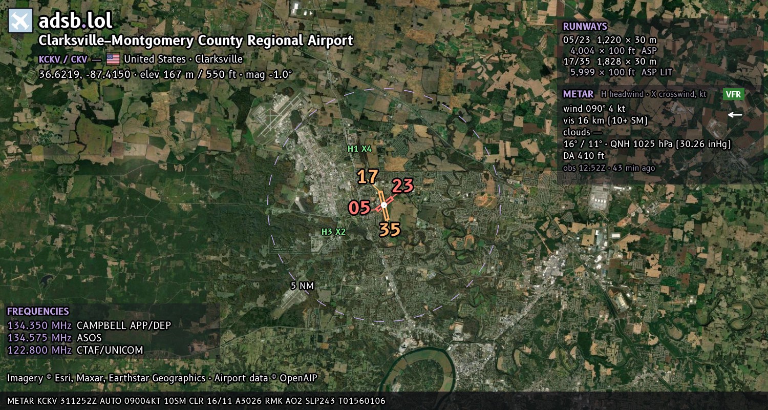 Satellite map with the runway layout of Clarksville–Montgomery County Regional Airport (KCKV)
