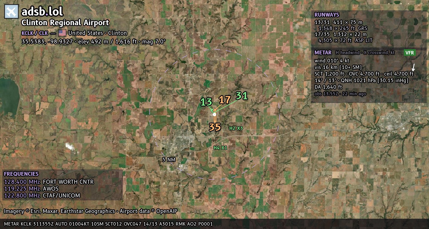 Satellite map with the runway layout of Clinton Regional Airport (KCLK)