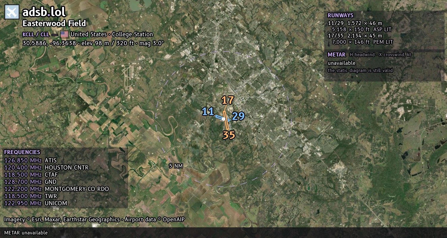 Satellite map with the runway layout of Easterwood Field (KCLL)