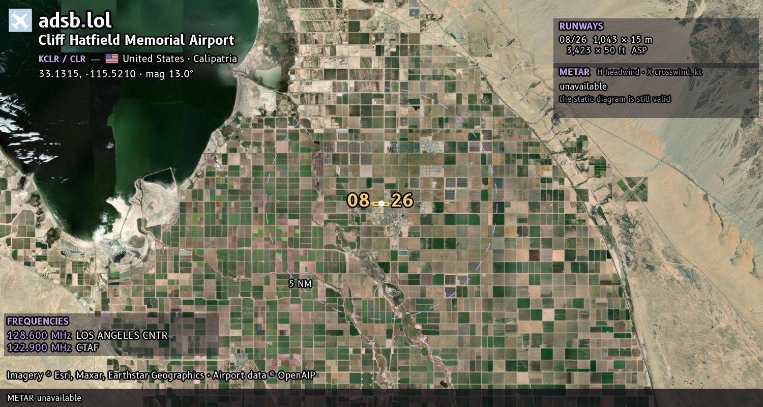 Satellite map with the runway layout of Cliff Hatfield Memorial Airport (KCLR)