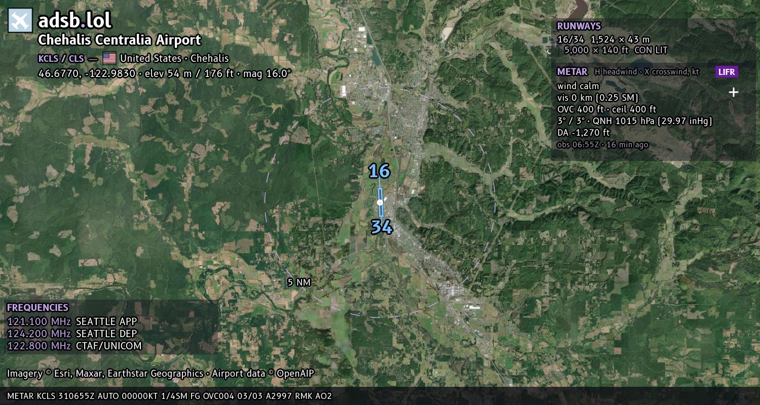 Satellite map with the runway layout of Chehalis Centralia Airport (KCLS)