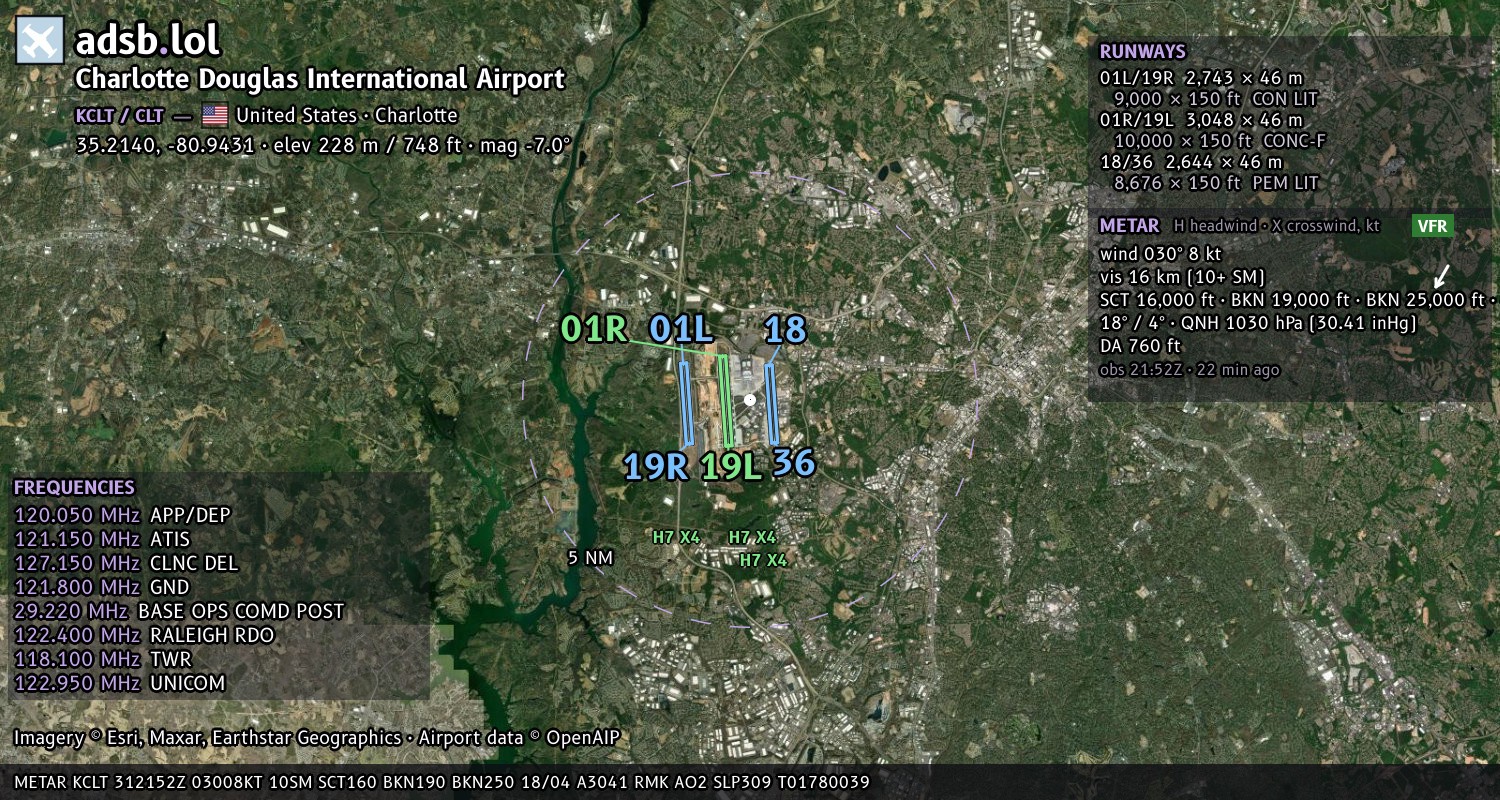 Satellite map with the runway layout of Charlotte Douglas International Airport (KCLT)
