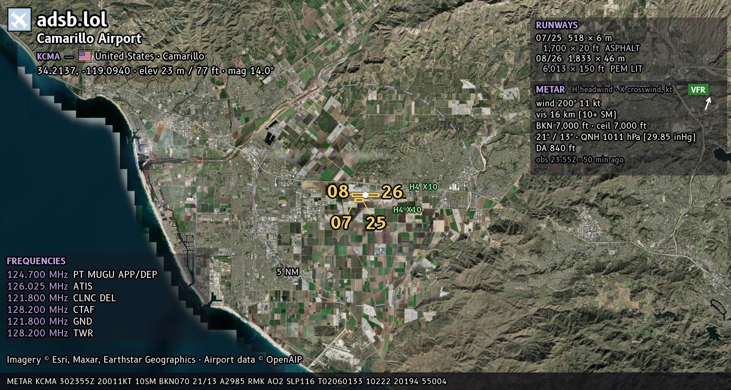 Satellite map with the runway layout of Camarillo Airport (KCMA)