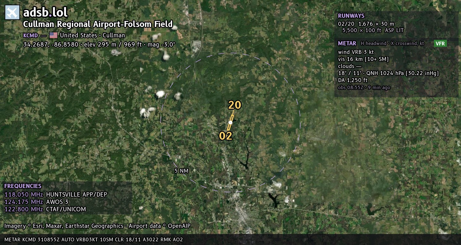 Satellite map with the runway layout of Cullman Regional Airport-Folsom Field (KCMD)
