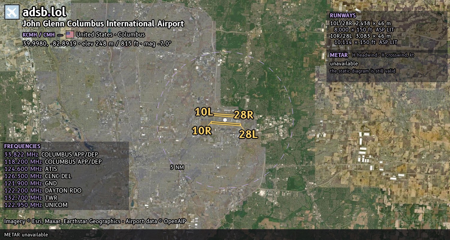 Satellite map with the runway layout of John Glenn Columbus International Airport (KCMH)