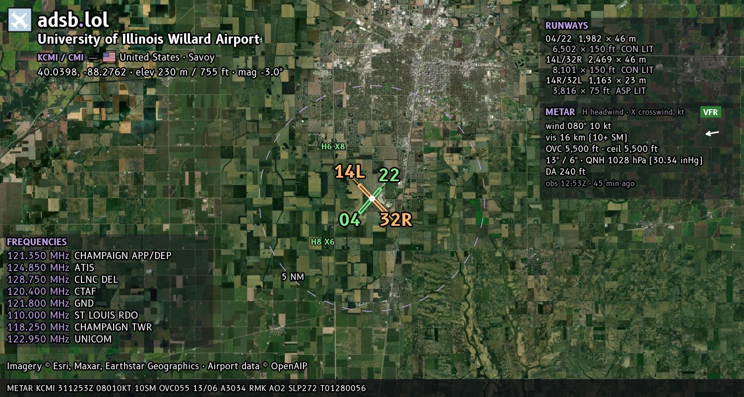 Satellite map with the runway layout of University of Illinois Willard Airport (KCMI)