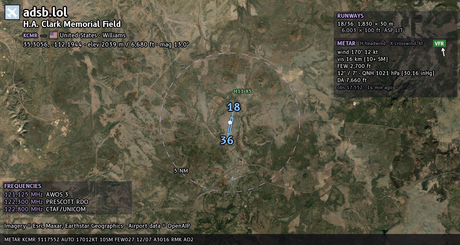 Satellite map with the runway layout of H.A. Clark Memorial Field (KCMR)
