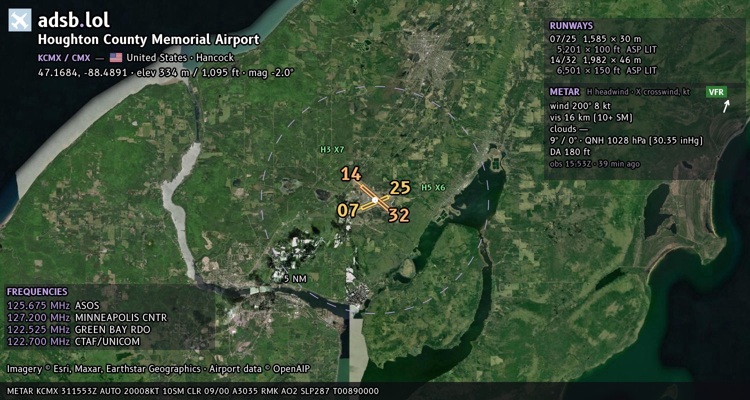 Satellite map with the runway layout of Houghton County Memorial Airport (KCMX)